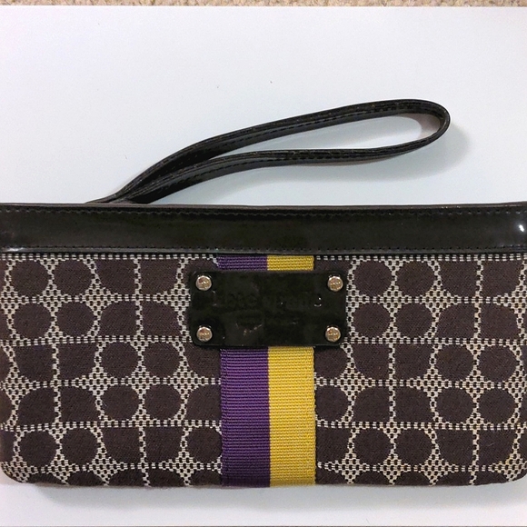kate spade Handbags - Kate Spade Wristlet Monogram Purple/Yellow Stripe